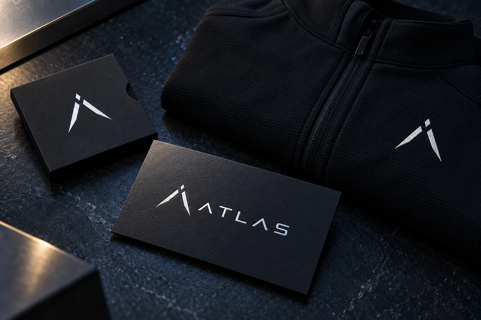 Mockup conceitual de papelaria Atlas Vértice em materiais escuros e claros